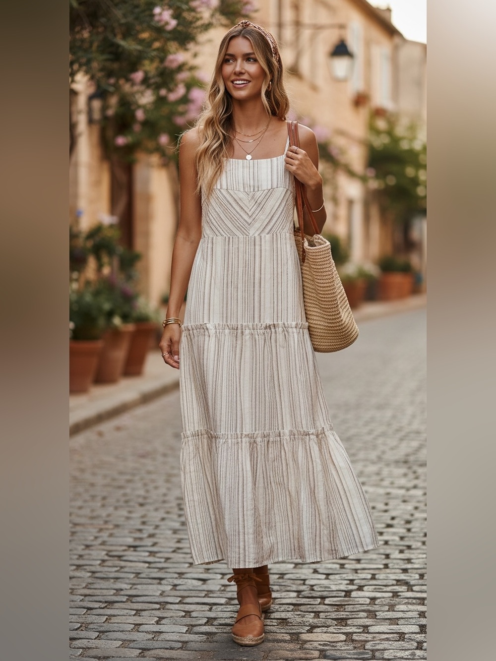 NEW STORIA Elegant Cream Striped Dress Sz SMALL